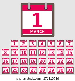 Vector Calendar Icon set, March month. Vector illustration.