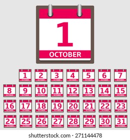 Vector Calendar Icon set, October month. Vector illustration.