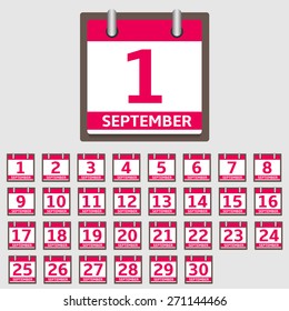 Vector Calendar Icon set, September month. Vector illustration.