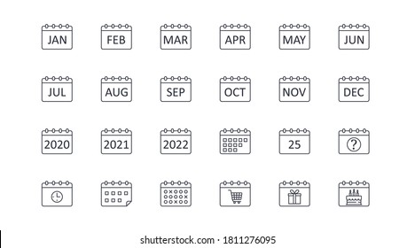 Vector Calendar Icons. Editable Stroke. Icon With Months Of The Year, 2020 2021 2022. Question Sign 25 Clock Timetable Schedule. Shopping Time, Cart Gift Birthday Cake.