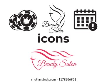 Vector calendar icons and Poker club, casino sign set. Beautiful woman logo