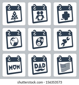 Vector calendar icons representing holidays: Christmas/New Year, Valentine's Day, St. Patrick's Day, Earth Day, Easter, Labor Day, Mother's Day, Father's Day, Independence Day/Flag Day