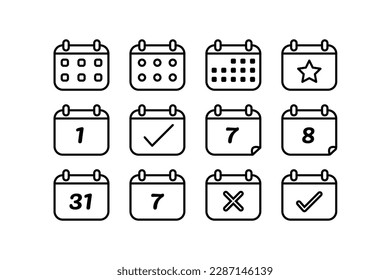 Vector calendar icons. Set of calendar symbols in line style.