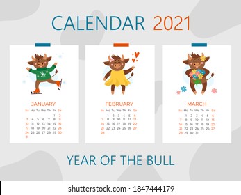 Vector calendar illustrations for 2021. Year of cow, ox or bull concept. Christmas holidays, xmas illustrations