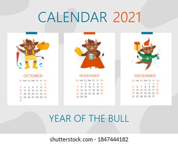 Ilustraciones del calendario de vectores para 2021. Año de la vaca, el buey o el concepto de toro. Festividades navideñas, ilustraciones de navidad