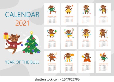 Vector calendar illustrations for 2021. Year of cow, ox or bull concept. Christmas holidays, xmas illustrations