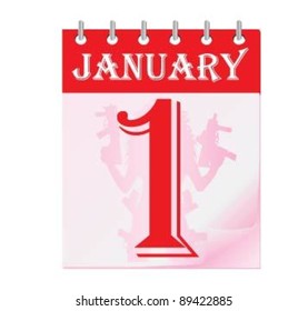 Vector calendar of January 1,in the background of women with guns on paper.