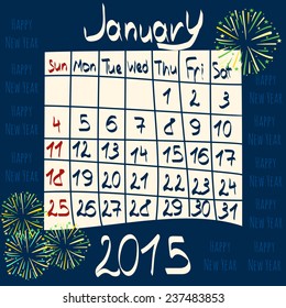 Vector Calendar for January 2015. Cartoon Style. Fireworks and Happy New Year Congratulations.
