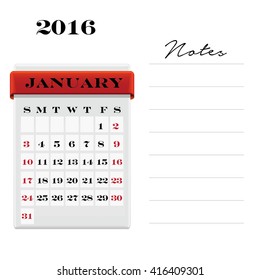 Vector calendar January 2016 with a place for notes. Weeks start on Sunday
