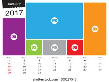 Vector calendar January, 2017 with image frames, A3 size - Change the image frames with your photos.