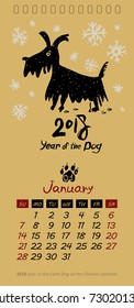 Vector calendar for January 2018. Year of the dog. Hand drawn illustration and letters for design. The page of a leafy monthly creative calendar.