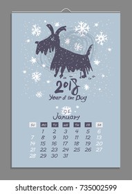 Vector calendar for January 2018. Year of the Dog. Hand drawn illustration and letters for calendar design. The page of a leafy monthly creative calendar.