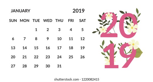 vector Calendar January 2019.  Week starts on Sunday. English calender. Happy  New year
