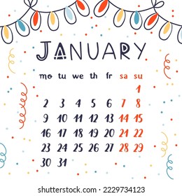 Vector calendar for january 2023 with bright garland. Cartoon style month calendar with typographic inscription.