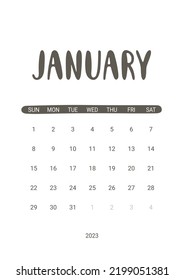 Vector Calendar for January 2023. Week Starts Sunday. Stationery Design for Printable.
