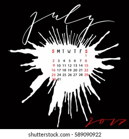 Vector calendar for July 2017. Hand drawn letters for calendar design