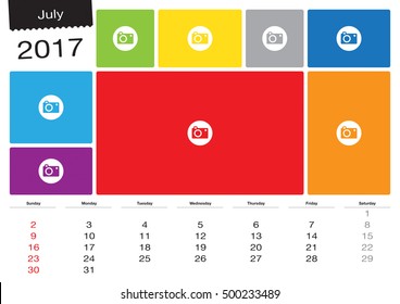 Vector calendar July, 2017 with image frames, A3 size - Change the image frames with your photos.