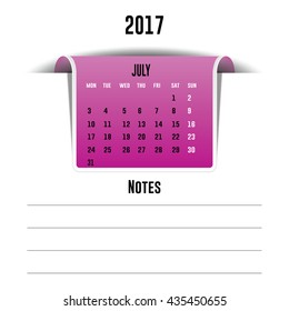 Vector calendar July 2017 with a place for notes. Weeks start on Monday