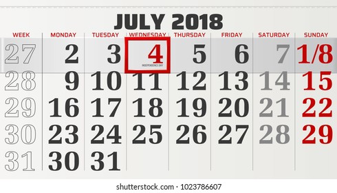 vector calendar of july 2018 with slidable red frame highlighting the Independence Day