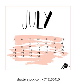 Vector calendar for July 2019. Hand drawn letters for calendar design