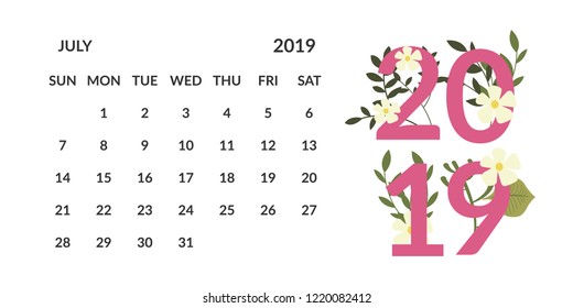 vector Calendar July 2019.  Week starts on Sunday. English calender. Happy  New year