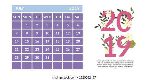 vector Calendar July 2019.  Week starts on Sunday. English calender. Happy  New year