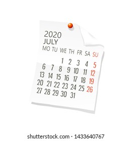 Vector calendar for July 2020 on white paper  with holding pin over white background