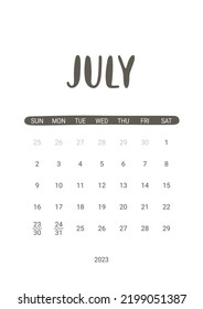 Vector Calendar for July 2023. Week Starts Sunday. Stationery Design for Printable.