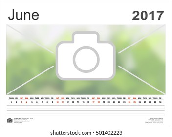 Vector calendar June 2017. Design Template with Place for Photos and Notes.