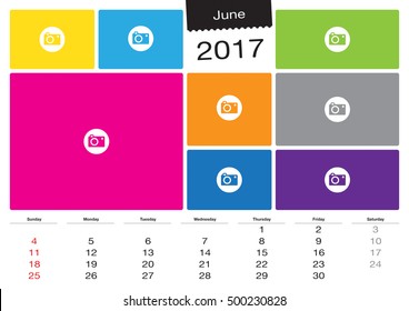 Vector calendar June, 2017 with image frames, A3 size - Change the image frames with your photos.