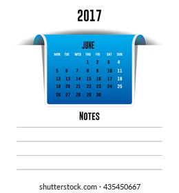 Vector calendar June 2017 with a place for notes. Weeks start on Monday
