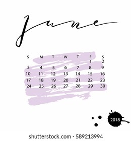 Vector calendar for June 2018. Hand drawn letters for calendar design