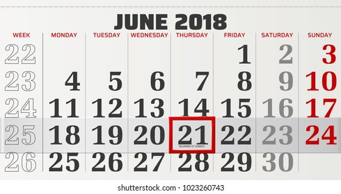 vector calendar of june 2018 with slidable red frame and beginning of summer in focus