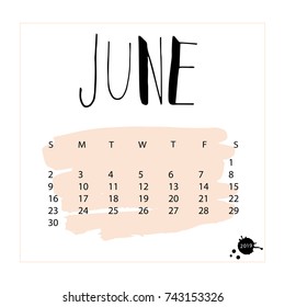 Vector calendar for June 2019. Hand drawn letters for calendar design
