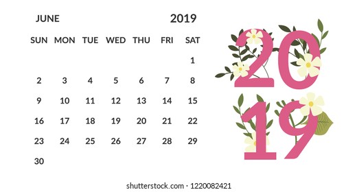 vector Calendar June 2019.  Week starts on Sunday. English calender. Happy  New year