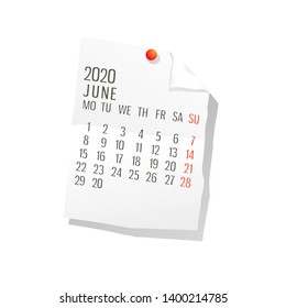Vector calendar for June ,2020 on white paper  with holding pin over white background