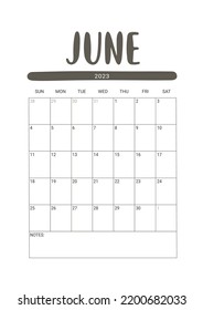Vector Calendar for June 2023. Week Starts Sunday. Stationery Design for Printable.