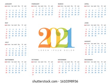 Vector calendar layout template for the year 2021
