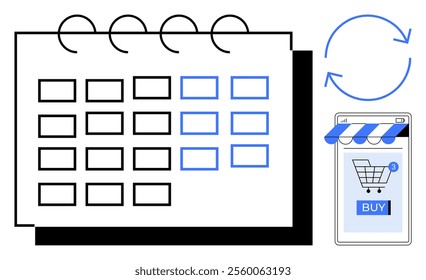 Vector of calendar linked to a mobile shopping cart with a Buy button and blue arrows indicating a repeat transaction. Ideal for e-commerce, scheduling, online planning, repeat purchases, and digital