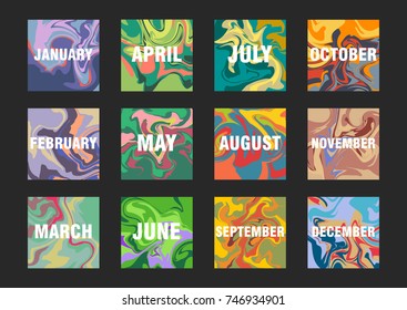 Vector calendar in marbling style. Square painted templates of months with text overlays.
