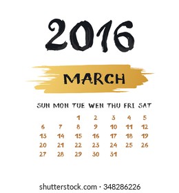 Vector calendar for March 2016. Hand drawn numbers and letters for calendar design.