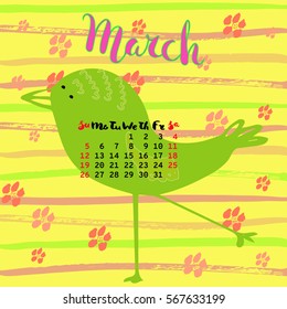 Vector calendar for March 2017. Hand drawn letters for calendar design.Cute birds
