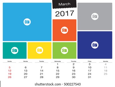 Vector calendar March, 2017 with image frames, A3 size - Change the image frames with your photos.
