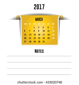 Vector calendar March 2017 with a place for notes. Weeks start on Monday