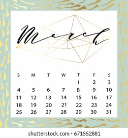 Vector calendar for March 2018. Hand drawn letters for calendar design