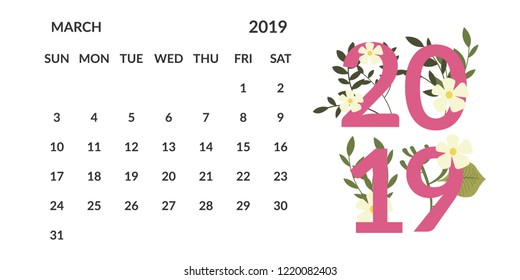 vector Calendar March 2019.  Week starts on Sunday. English calender. Happy  New year