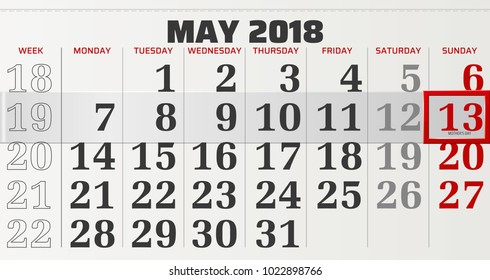 vector calendar of may 2018 with slidable red frame highlighting mother's day