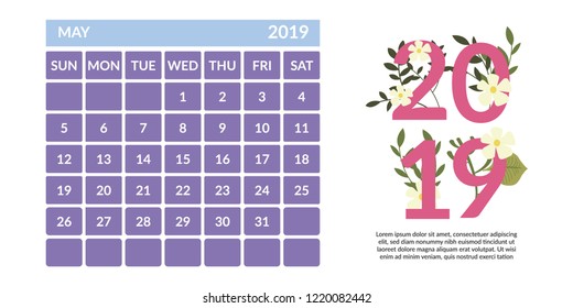 vector Calendar May 2019.  Week starts on Sunday. English calender. Happy  New year