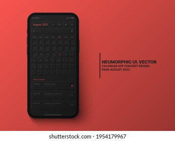 Vector Calendar Mobile App August 2022 Conceptual UI Neumorphic Design Dark Mode On Photo Realistic Phone Mockup On Abstract Red Background. Mobile Phone Business Planner Application In Black Version