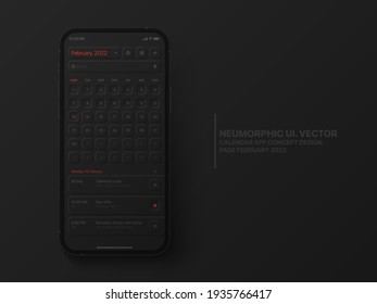 Vector Calendar Mobile App February 2022 Conceptual UI Neumorphic Design Dark Version On Photorealistic Phone IPhone Mockup On Abstract Background. Business Planner Application For Mobile Phone